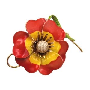 Spilla vintage fiore smaltato rosso e giallo con accento stelo verde e tono oro - Foto 1 di 5