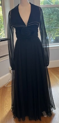 Vintage 60s Jack Bryan Black Sheet Chiffon Maxi Dress Evening Gown Goth Rose S - Image 1 of 4