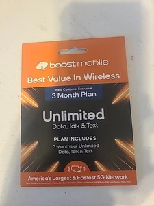 Boost Mobile Unlimited Data talk text forfait 3 mois neuf exclusif client - Photo 1 sur 2