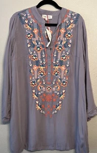 LUNA MOON Anthropologie Floral Embroidery Tunic Women’s Size L Gray Boho. NWT - Picture 1 of 8