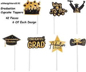 42 Piece Pack Of Graduation Cupcake Toppers 7 Designs 6 Of Each Black & Gold - Picture 1 of 1