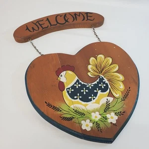 Hand Painted Primitive Welcome Sign Hen Chicken Wall Plaque Wood Country UC&GC  - Picture 1 of 10