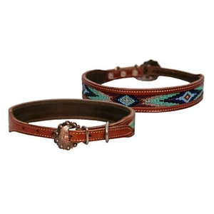 COLLAR PERRO TURQUESA Cuentas COBRE Herrajes Ajustable 1" Ancho Cuero Genuino - Imagen 1 de 1