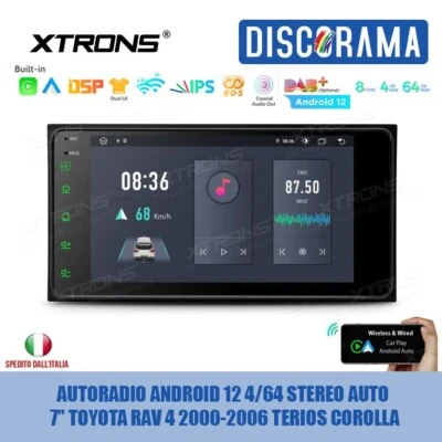 AUTORADIO ANDROID 12 4/64 STEREO AUTO 7" TOYOTA RAV 4 2000-2006 TERIOS COROLLA - Immagine 1 di 4