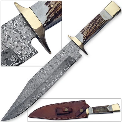 Custom Made Damascus Steel Bowie Hunting Knife w/ Stag Horn Handle 1095 HC Forge - Image 1 of 3