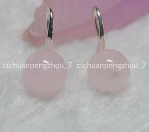 Natural 10mm Pink Rose Quartz Round Gemstone Beads Dangle Silver Hook Earrings  - Picture 1 of 6