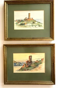 2er Set alte Rheinschlösser Ansichten Aquarell Gemälde Germany signiert - Bild 1 von 7