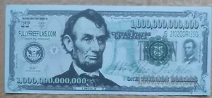 2x Abraham Lincoln Trillion Dollars US USA Money Fun Bill Novelty Gospel tract - Picture 1 of 1