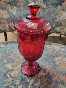 Viking 9.25" Ruby Red Panel Lidded Compote Candy Dish VTG MCM Org Sticker - Picture 1 of 4