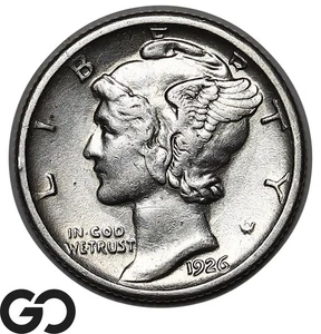 Moneda de diez centavos Mercury 1926-S, escasa elección AU++ fecha clave - Imagen 1 de 3