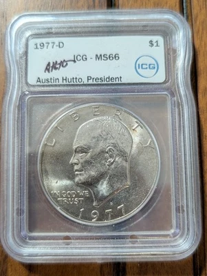 1977-D Eisenhower $1 MS66 ICG Autographed Graded Slab Denver Collectible Dollar! - Image 1 of 3
