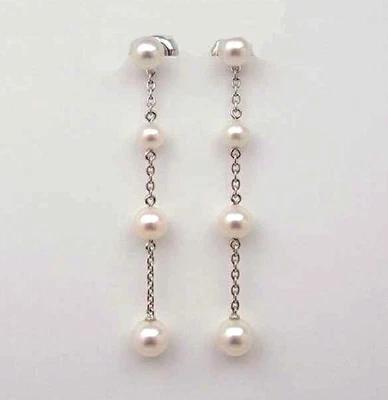 Aretes colgantes MIKIMOTO de perlas Akoya de 4,5〜6,0 mm de oro blanco K18 estación bidireccional Foto 1 de 4