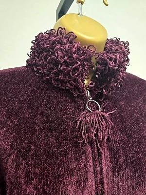 Винтажный 90-х годов Y2K шениль бахрома темно-бордовый Jewel куртка уютный пушистый карманы мягкий теплый - Изображение 1 из 4