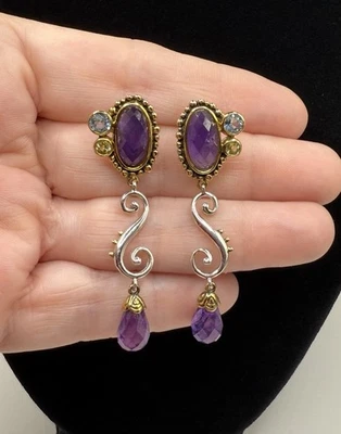 ECHO OF THE DREAMER Sterling Silver Blue Topaz, Peridot, & Amethyst 2” Earrings - Image 1 of 4