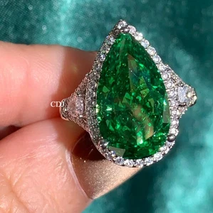 Beautiful Lab Created Wedding Gift 4 Him Pear Cut Green Sapphire Ring 925 Silver - Picture 1 of 6