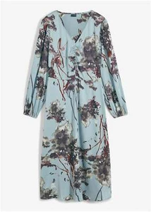 Neu Satin-Kleid Gr. 54 Mint Floral Damenkleid Midi-Dress Langarm Casualkleid - Bild 1 von 1