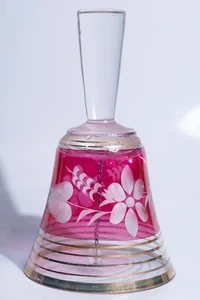 Bohemian Czech Cranberry Glass Bell Cut To Clear Crystal with Gilded Trim 5.5" - Picture 1 of 5