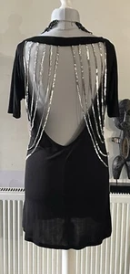 STUNNING SIZE 14 LONG BLACK TUNIC TOP LOW BACK WITH SILVER SEQUIN STRANDS - Picture 1 of 4