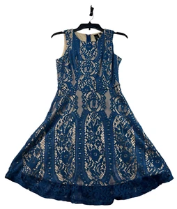 Trixxi Dress Womens Size Small Navy Blue Tan Lace Sleeveless - Picture 1 of 7