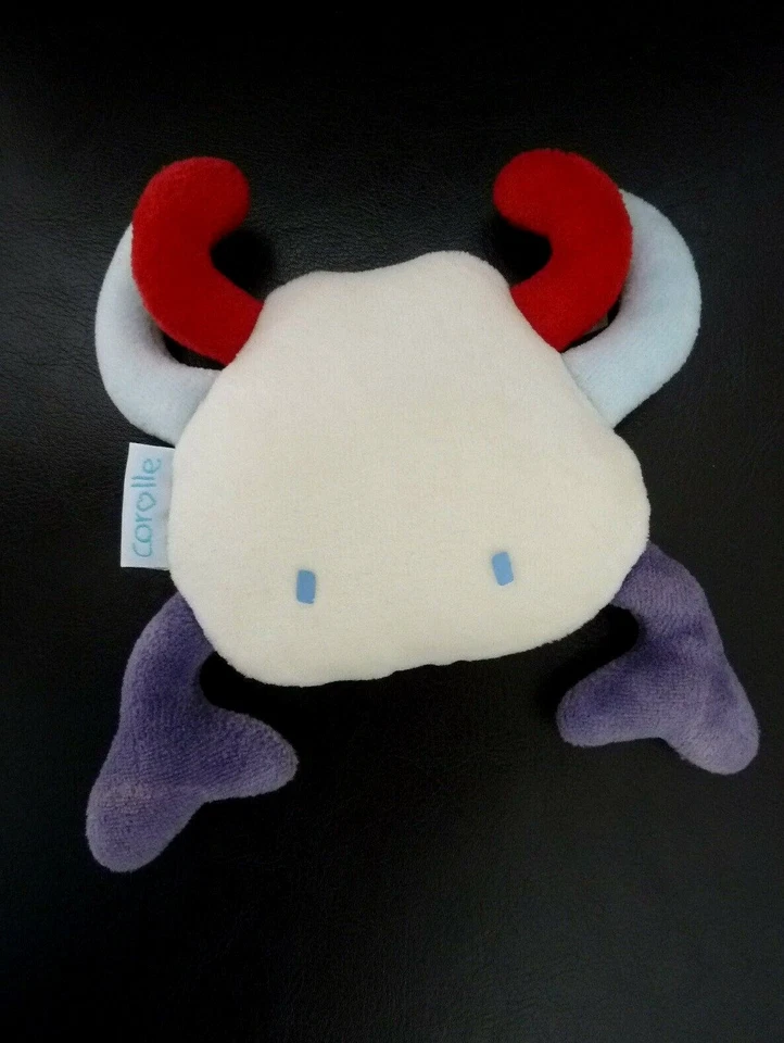 S5. DOUDOU PELUCHE COROLLE CRABE blanc bleu rouge HOCHET grelot 15x14cm - TBE  - Photo 1/1