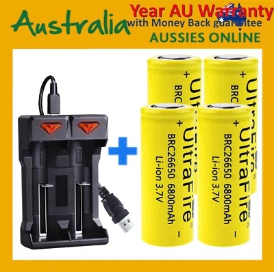 4x UltraFire 26650 6800mAh rechargeable 3.7 Flat Top Li-Ion battery+2SLOTCharger - image 1 of 4