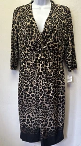 Donna Rico Women M Twist Front 3/4 Sleeve Leopard Cheetah Stretch Knit Dress New - Picture 1 of 13
