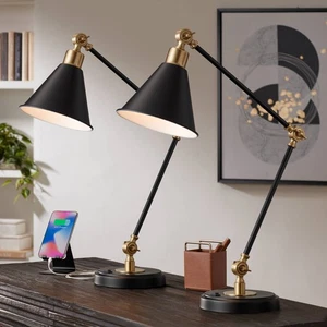 360 Lighting Wray Black and Brass Adjustable USB Desk Lamps Set of 2 - Picture 1 of 10