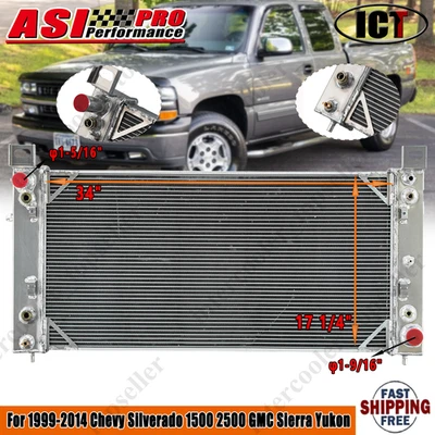 3-Row 34" Aluminum Radiator For 99-14 Chevy Silverado 1500 2500 GMC Sierra Yukon — 第 1/4 张图片