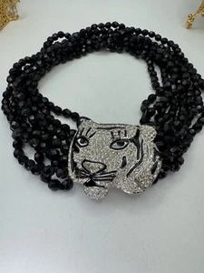 KJL KENNETH JAY LANE CRYSTAL RHINESTONE TIGER MULTI-STRAND CHOKER NECKLACE BLACK - Picture 1 of 8