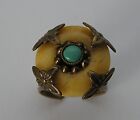 Stunning Jan Michaels Adjustable Brass Ring Turquoise & Yellow Agate Donut Stone