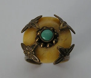 Stunning Jan Michaels Adjustable Brass Ring Turquoise & Yellow Agate Donut Stone - Picture 1 of 10