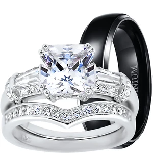His Her Silver Titanium 3 Piece CZ Wedding Engagement Ring Set - Picture 1 of 10