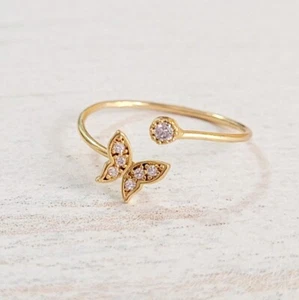 Romantischer verstellbarer Ring 14K vergoldet Schmetterling und Zirkon Größe 6+ Frauengeschenk - Bild 1 von 16