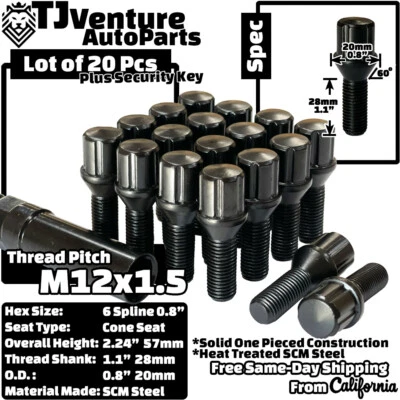 20 шт черных зажимных болтов M12x1,5 для тюнера 28 мм хвостовик + ключ подходят для моделей кузова BMW E  - Изображение 1 из 3