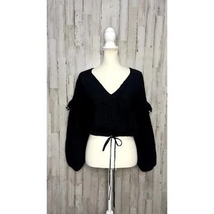 House of Harlow 1960 Women's Medium Black Puff Sleeve Cropped Boho Blouse - Picture 1 of 5
