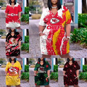 Kansas City Chiefs Womens Casual Dress V-neck Short Sleeve Skirts Loose Sundress