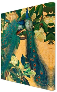 Peacocks on a Golden Background Ready to Hang Stretched Canvas - Picture 1 of 2