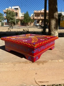 Wooden Red Chowki Painted Stool Home Decor Low Table Indian Traditional Bajot - Picture 1 of 4