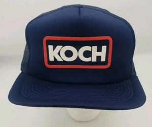 Vintage 80s KOCH Navy Blue White Red Adjustable Trucker Hat - Picture 1 of 21