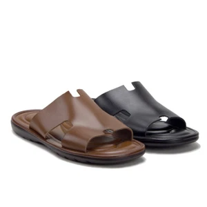 Men's Comfort Slip On Leather Slides Flip Flops Closed Covered Toe Sandals Shoes - Picture 1 of 45