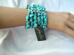 Vintage Jules Rhinestone Accent Turquoise Nugget Stretch Bracelet Size Small - Picture 1 of 9
