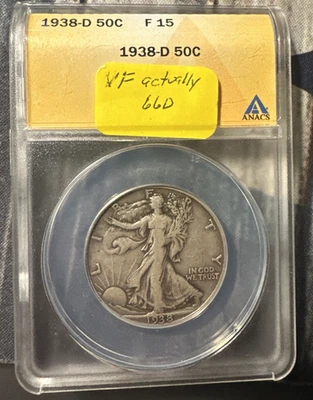 1938 年 D 版步行自由女神半美元 ANACS F15=实际状况不佳 — 第 1/3 张图片