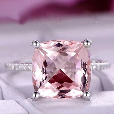 Anillo de piedras preciosas de diamantes morganita natural de corte cojín de 4,40 quilates enchapado en oro blanco de 18 quilates Foto 1 de 4