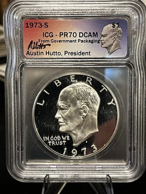 ICG 1973-S Eisenhower Silver Dollar PR-70 DCAM Austin Hutto Signed Key Date! - Image 1 of 4