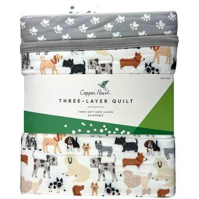 Puppy Dog Gray 3 Layer Quilt Baby 46" Toddler Blanket Copper Pearl Paw Print - Image 1 of 4