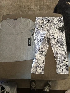 Bebe Bundle Short Sleeve Grey Top & Grey White & Black Capri Both Size Large - Picture 1 of 9