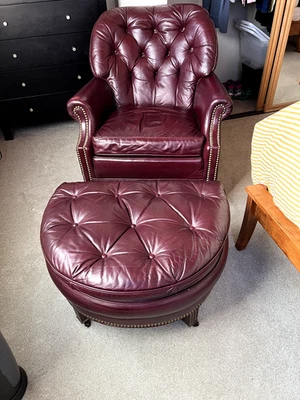 Tufted red Hancock and Moore leather chair and ottoman set - Image 1 of 4