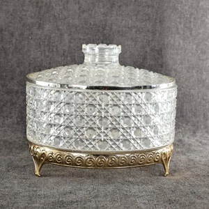 Vintage Avon Dusting Powder Container Box Footed Gold Filigree Clear Acrylic 5" - Picture 1 of 7