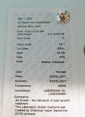 2.01ct Lab-Created Round Brilliant Ideal Ex/Ex Cut Loose Diamond - Image 1 of 4