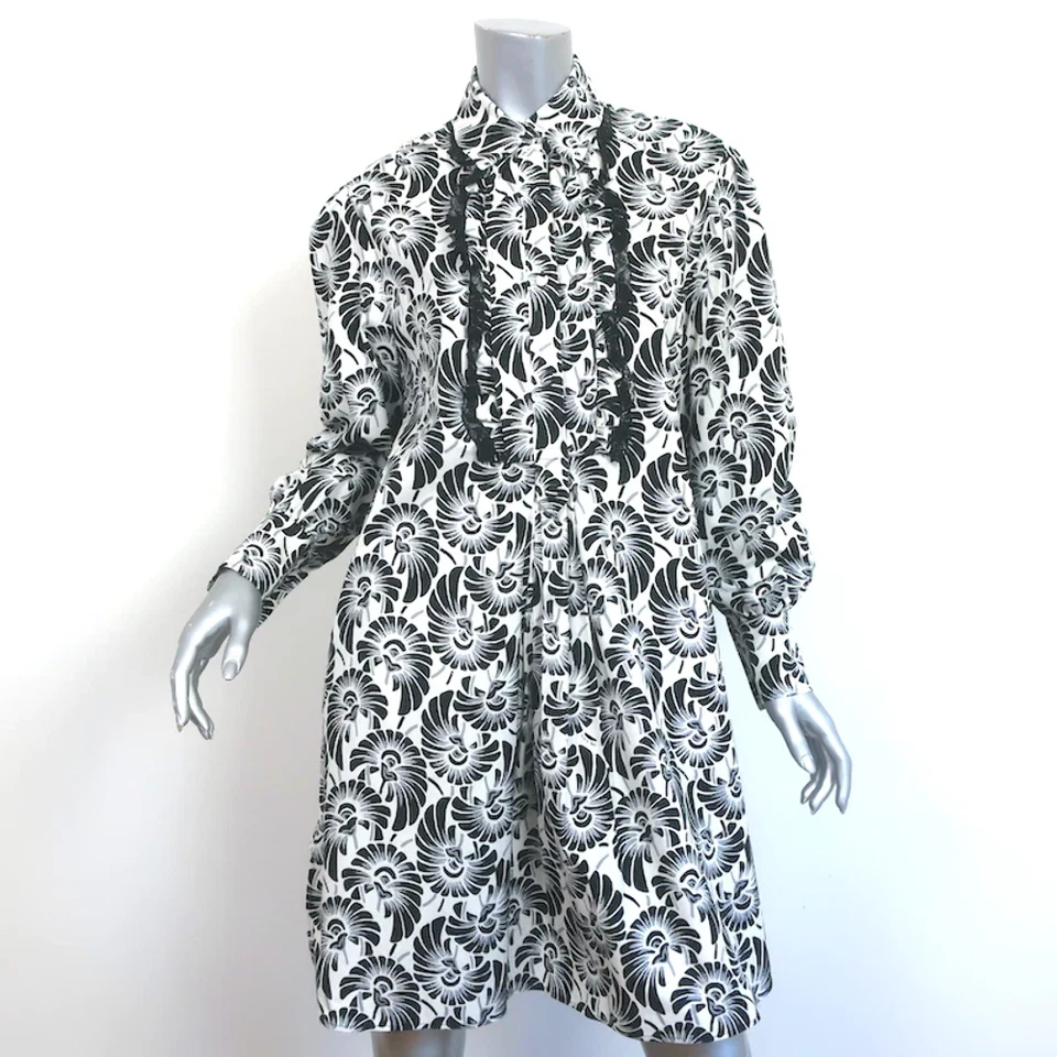 Prada Shirtdress White/Black Lace-Trim Printed Cotton Size 40 Long Sleeve Dress - Image 1 of 4